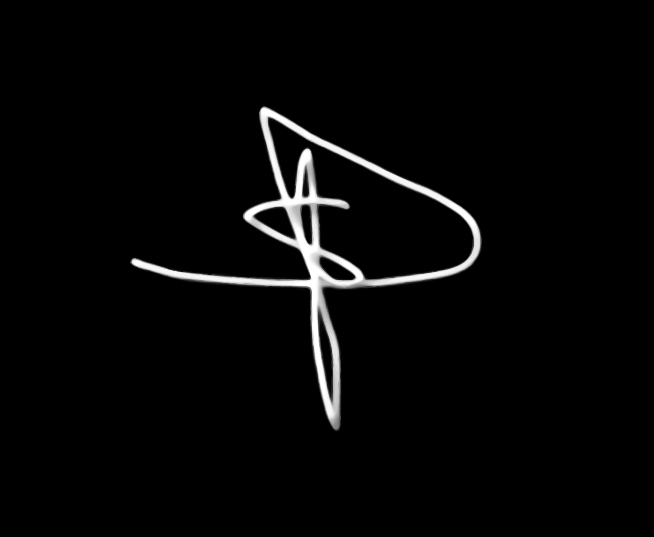 White hand-drawn signature logo with flowing lines forming abstract initials on a black background.